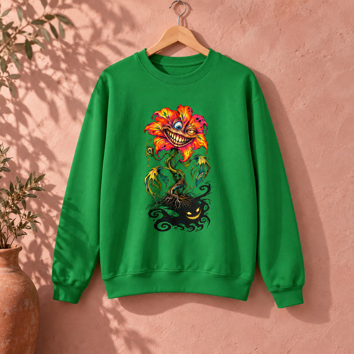 Grinning Bloom | Irish Green Psychedelic Pop Surrealism Unisex Crew Neck Sweatshirt