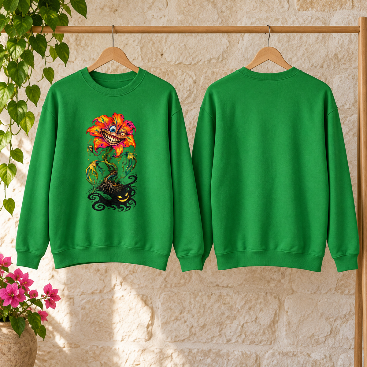 Grinning Bloom | Irish Green Psychedelic Pop Surrealism Unisex Crew Neck Sweatshirt