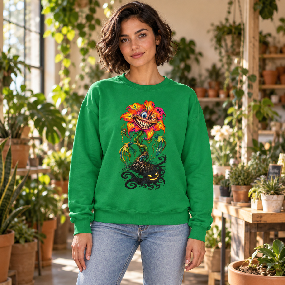 Grinning Bloom | Irish Green Psychedelic Pop Surrealism Unisex Crew Neck Sweatshirt
