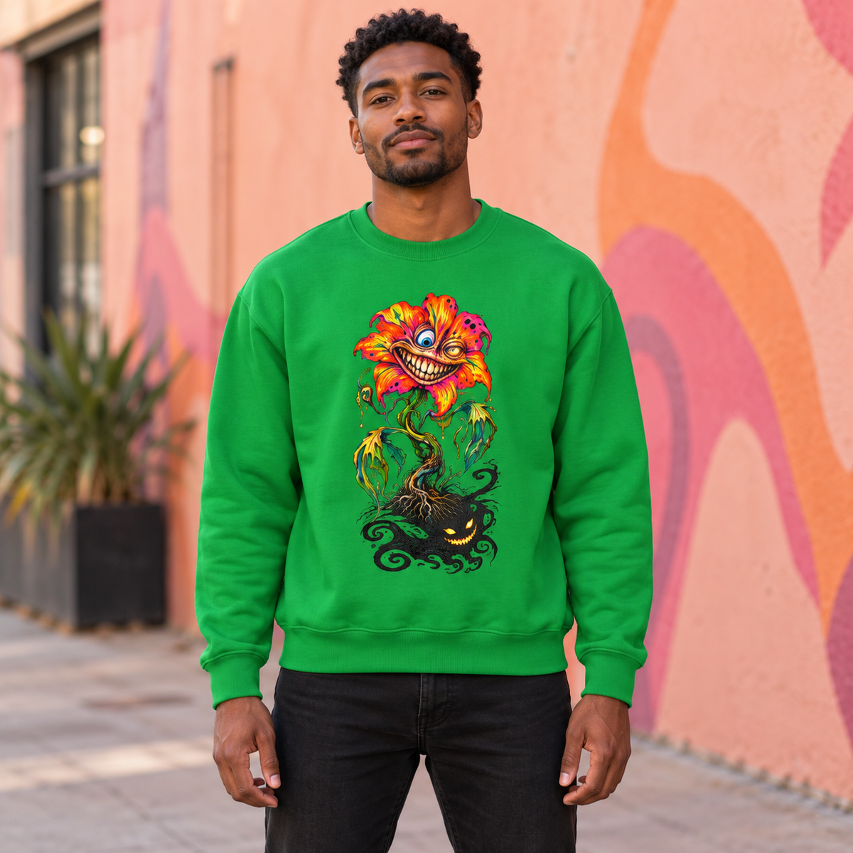 Grinning Bloom | Irish Green Psychedelic Pop Surrealism Unisex Crew Neck Sweatshirt