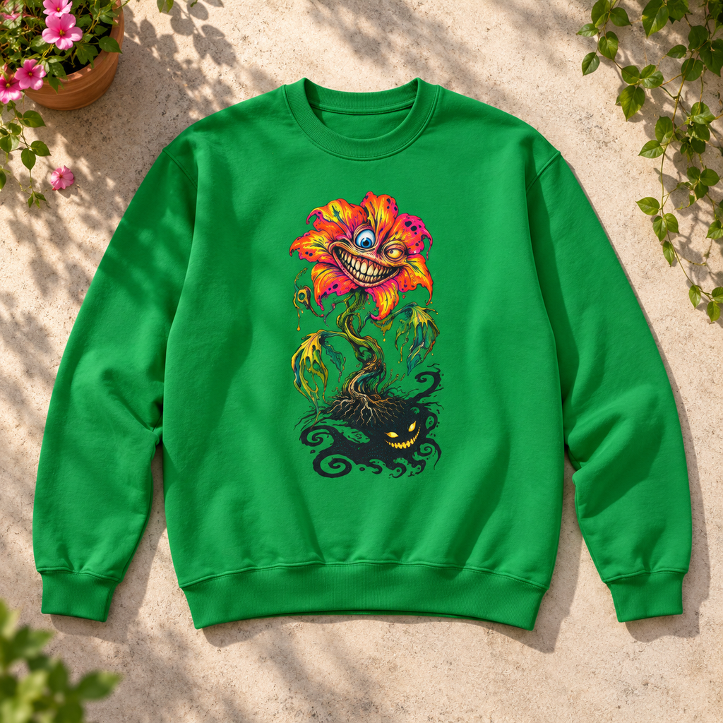 Grinning Bloom | Irish Green Psychedelic Pop Surrealism Unisex Crew Neck Sweatshirt